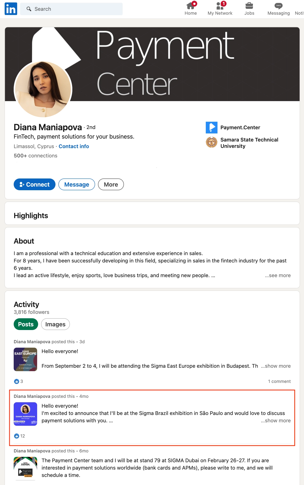 Linkedin Профиль Diana Maniapova до публикации наших расследований