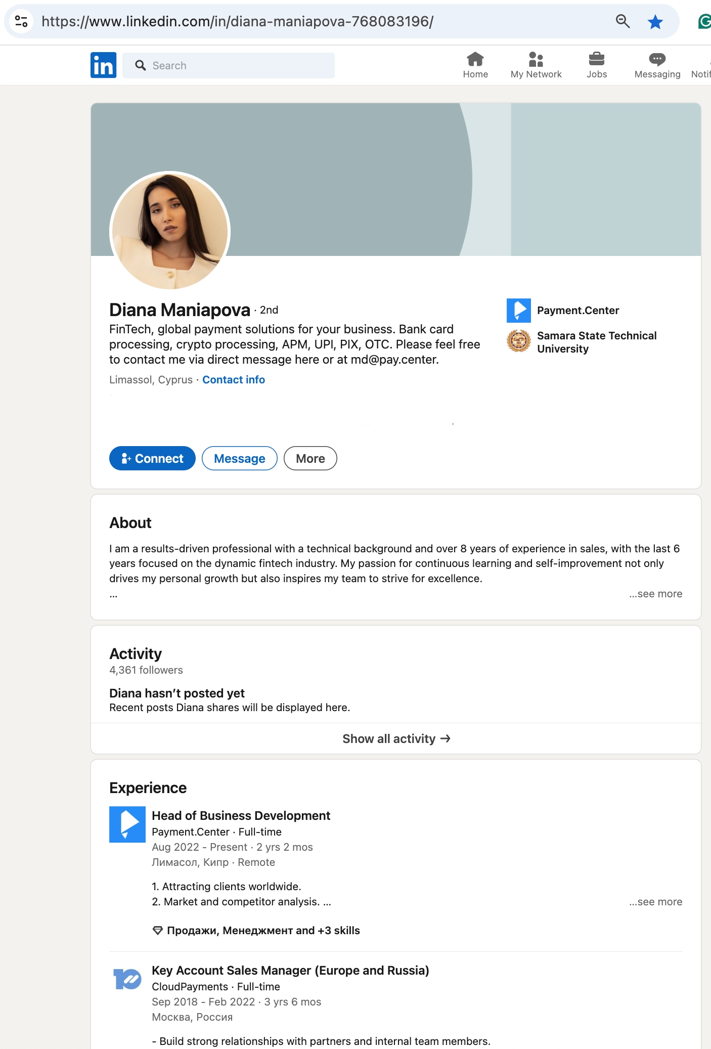 Linkedin Профиль Diana Maniapova после публикации наших расследований