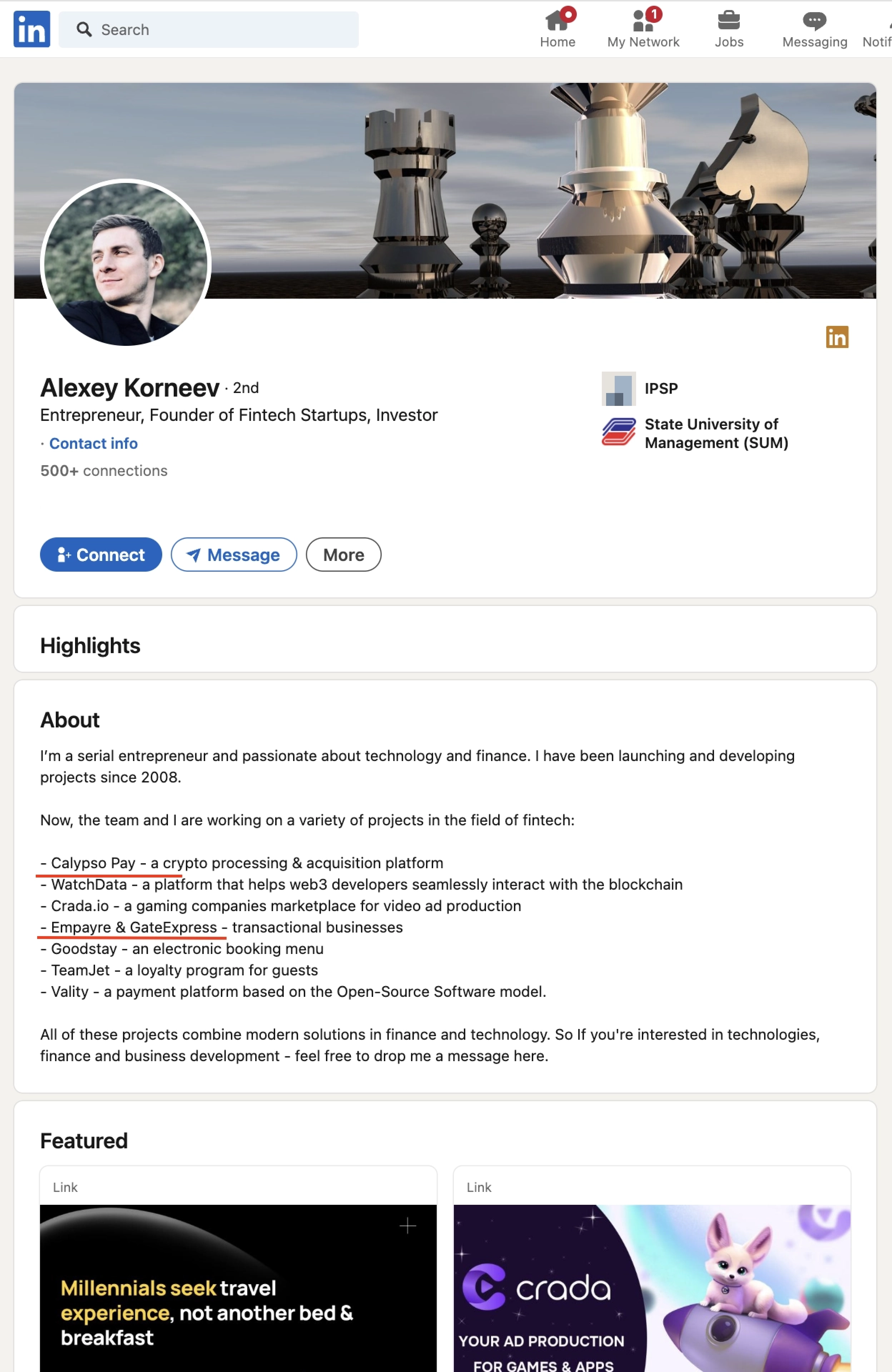 профиль Linkedin мошенника Корнеева Алексея перед публикациями расследований Paycrime